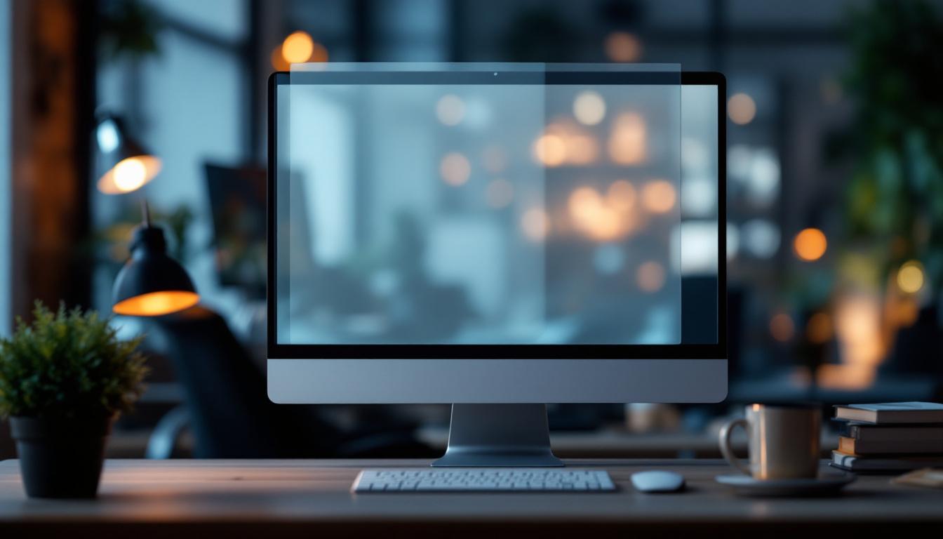 A photograph of a pc monitor equipped with a privacy screen protector