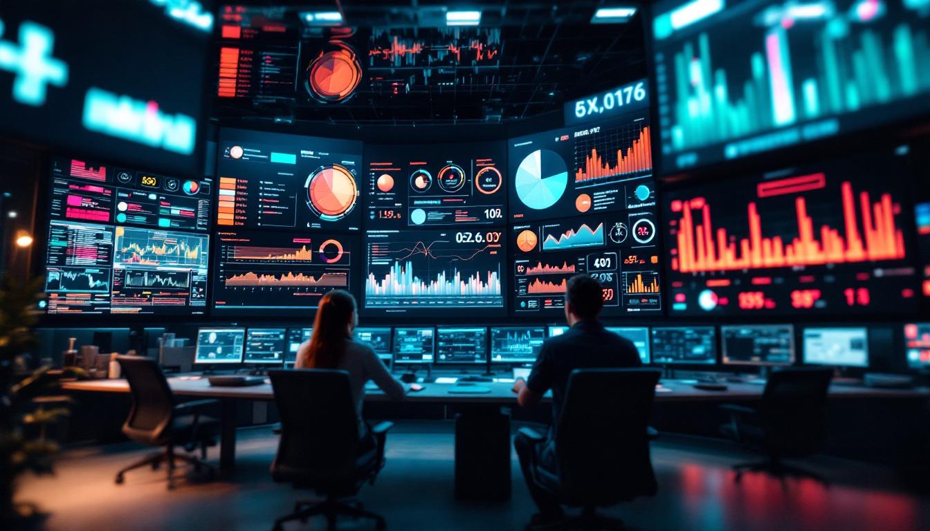 A photograph of a modern control room featuring a large led display in action