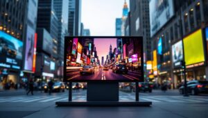 A photograph of capture a photograph of a vibrant led display showcasing dynamic tours & transportation inc's services in an urban setting