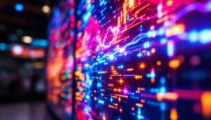 A photograph of a vibrant led display showcasing dynamic visuals and colors