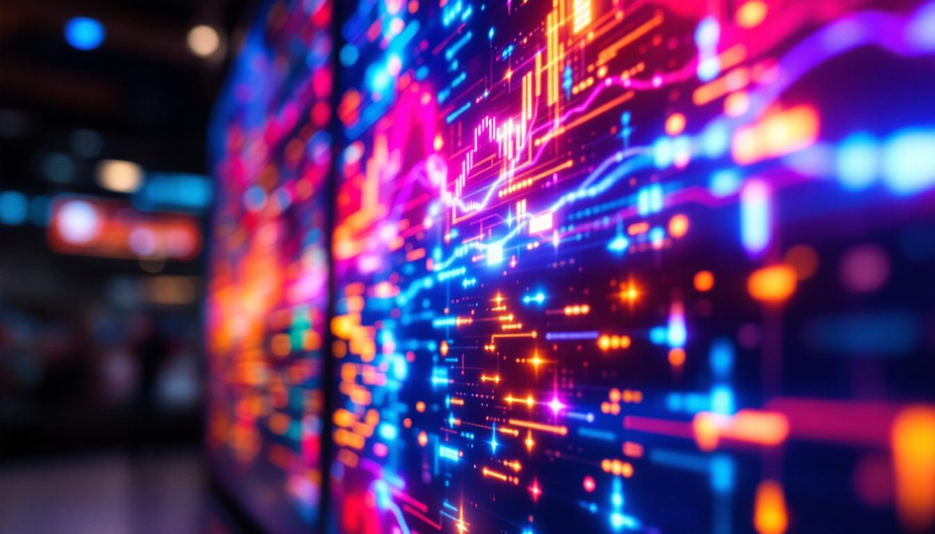 A photograph of a vibrant led display showcasing dynamic visuals and colors