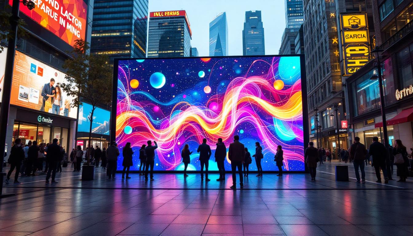 A photograph of a vibrant led display in a dynamic urban setting