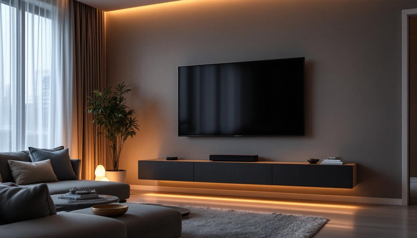 A photograph of a stylish living room featuring a wall-mounted led tv