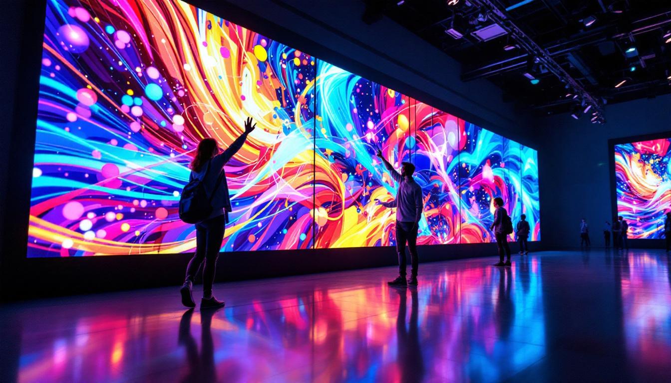 A photograph of a vibrant led display showcasing a dynamic visual or animation
