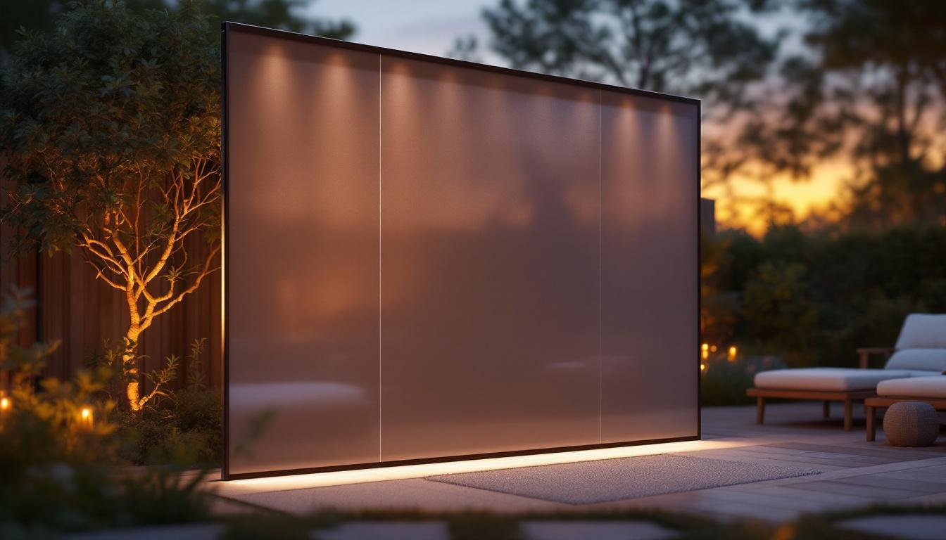 A photograph of a stylish outdoor privacy screen panel integrated with an led display