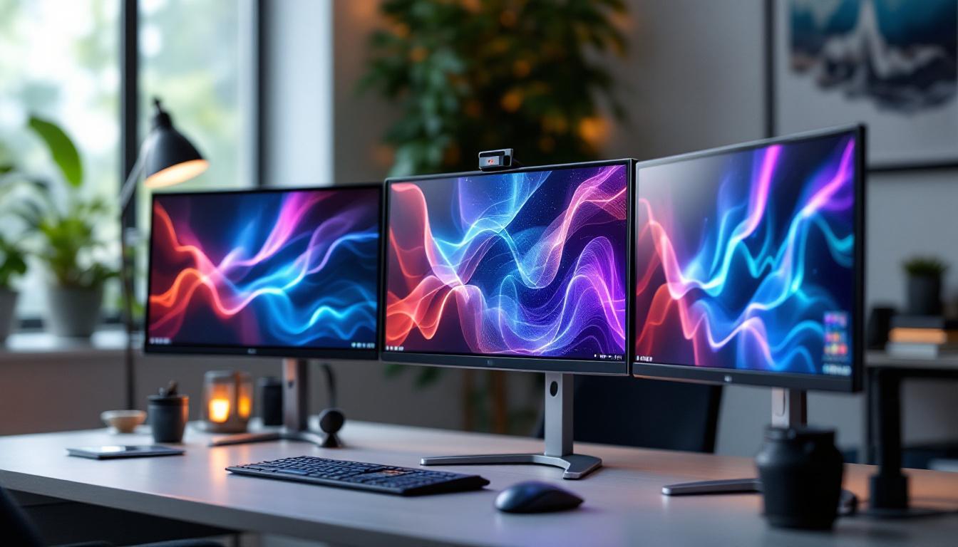 A photograph of capture a photograph of a sleek triple monitor setup featuring vibrant led displays