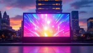 A photograph of a vibrant led display in an urban setting