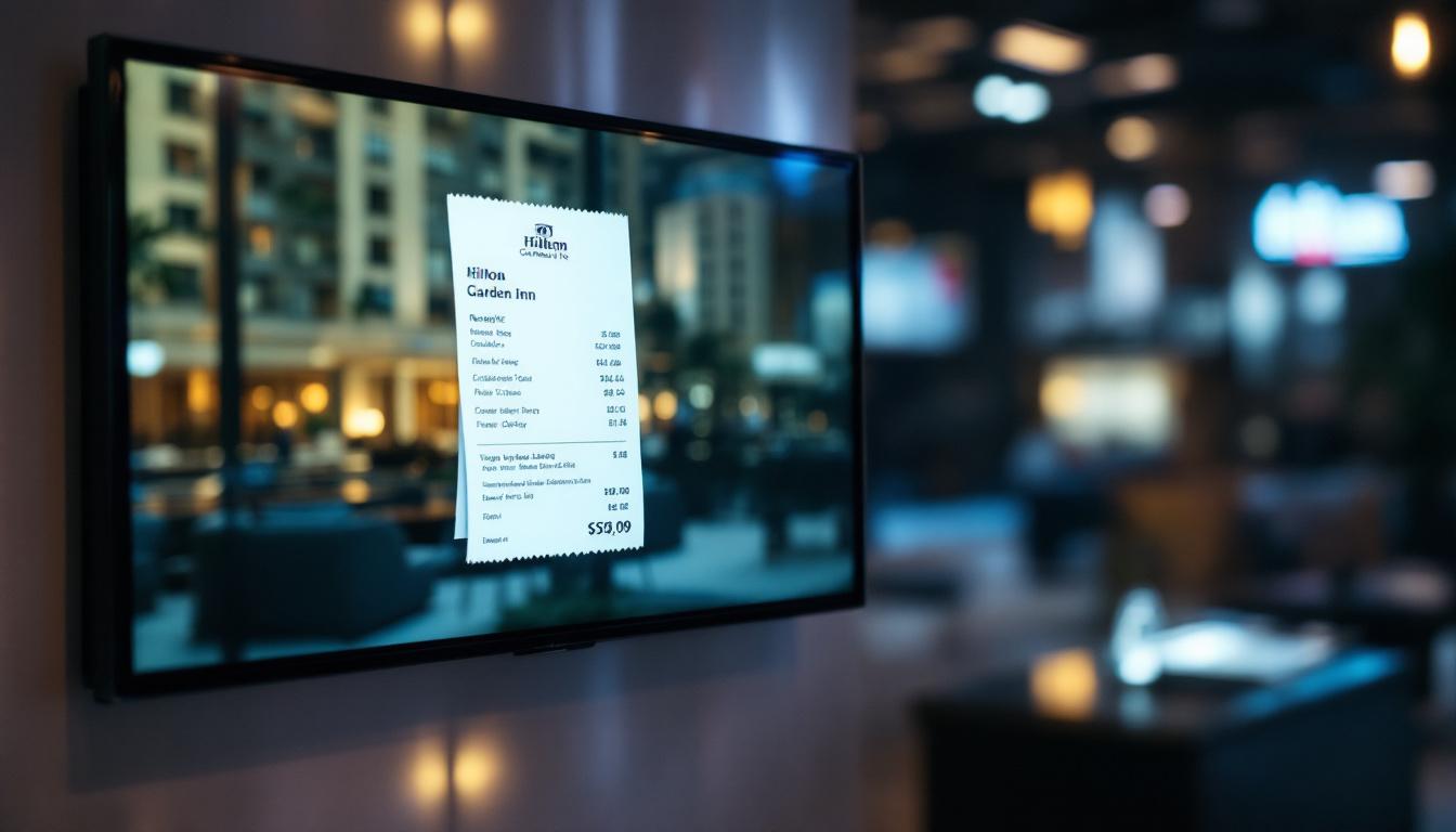 A photograph of capture a photograph of a hilton garden inn receipt displayed on a sleek led screen