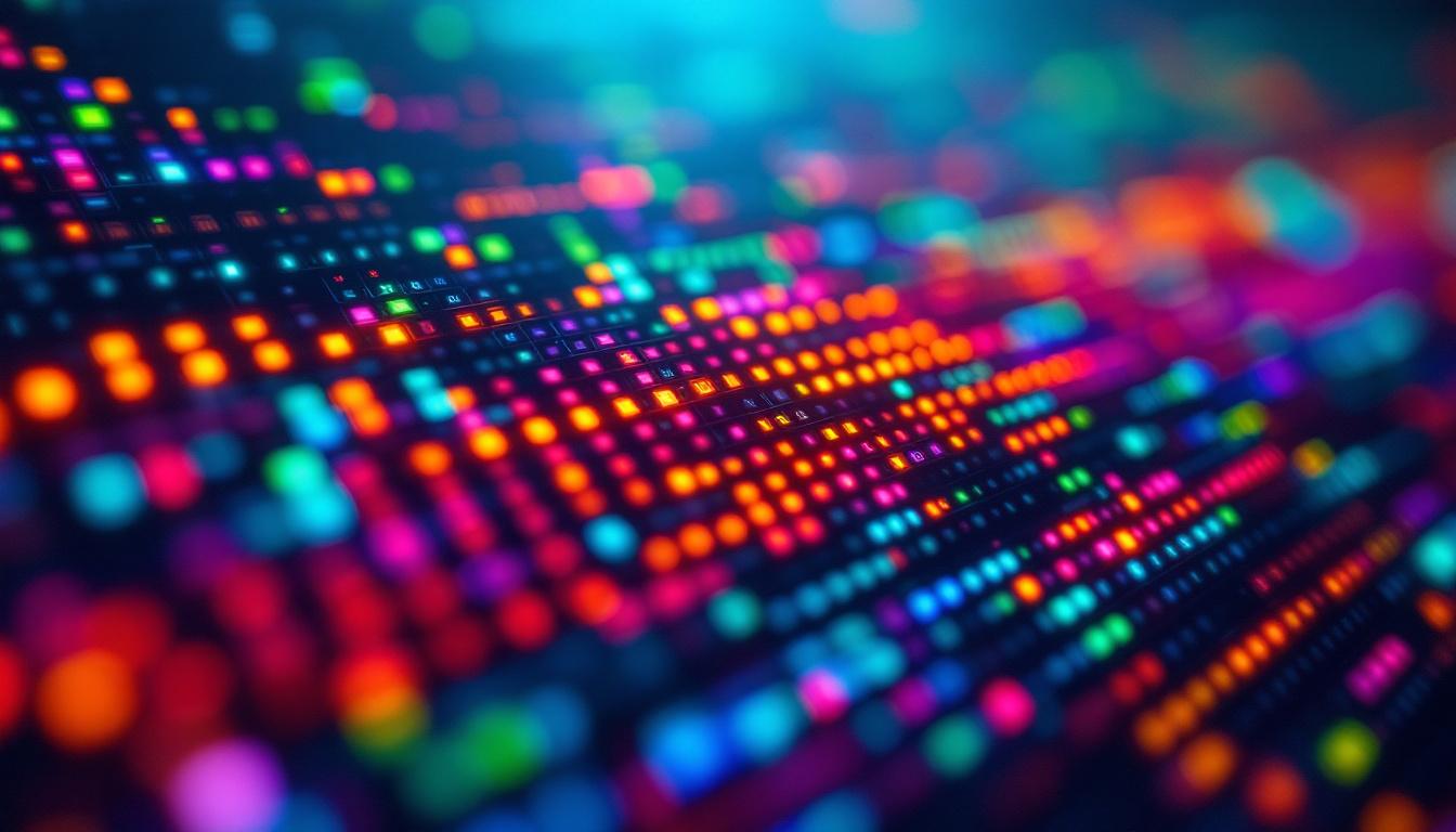 A photograph of a close-up of an led display screen showcasing vibrant colors and varying brightness levels