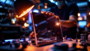 A photograph of a technician skillfully replacing an lcd display with a sleek led display