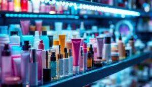 A photograph of a vibrant and visually appealing led display showcasing an array of beauty supply products