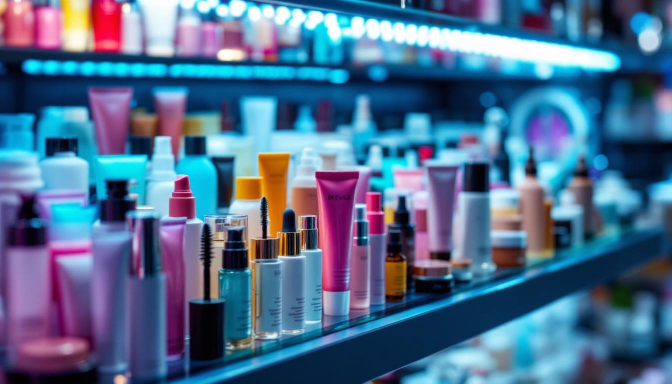 A photograph of a vibrant and visually appealing led display showcasing an array of beauty supply products