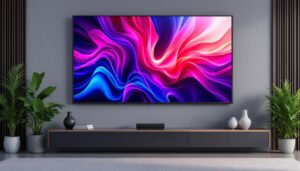 A photograph of a sleek black wall screen displaying vibrant visuals