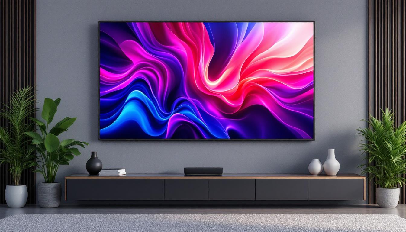 A photograph of a sleek black wall screen displaying vibrant visuals