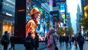 A photograph of capture a photograph of a vibrant 163 direct view led display in an engaging urban setting