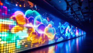 A photograph of a vibrant cloud-themed led display in a dimly lit environment