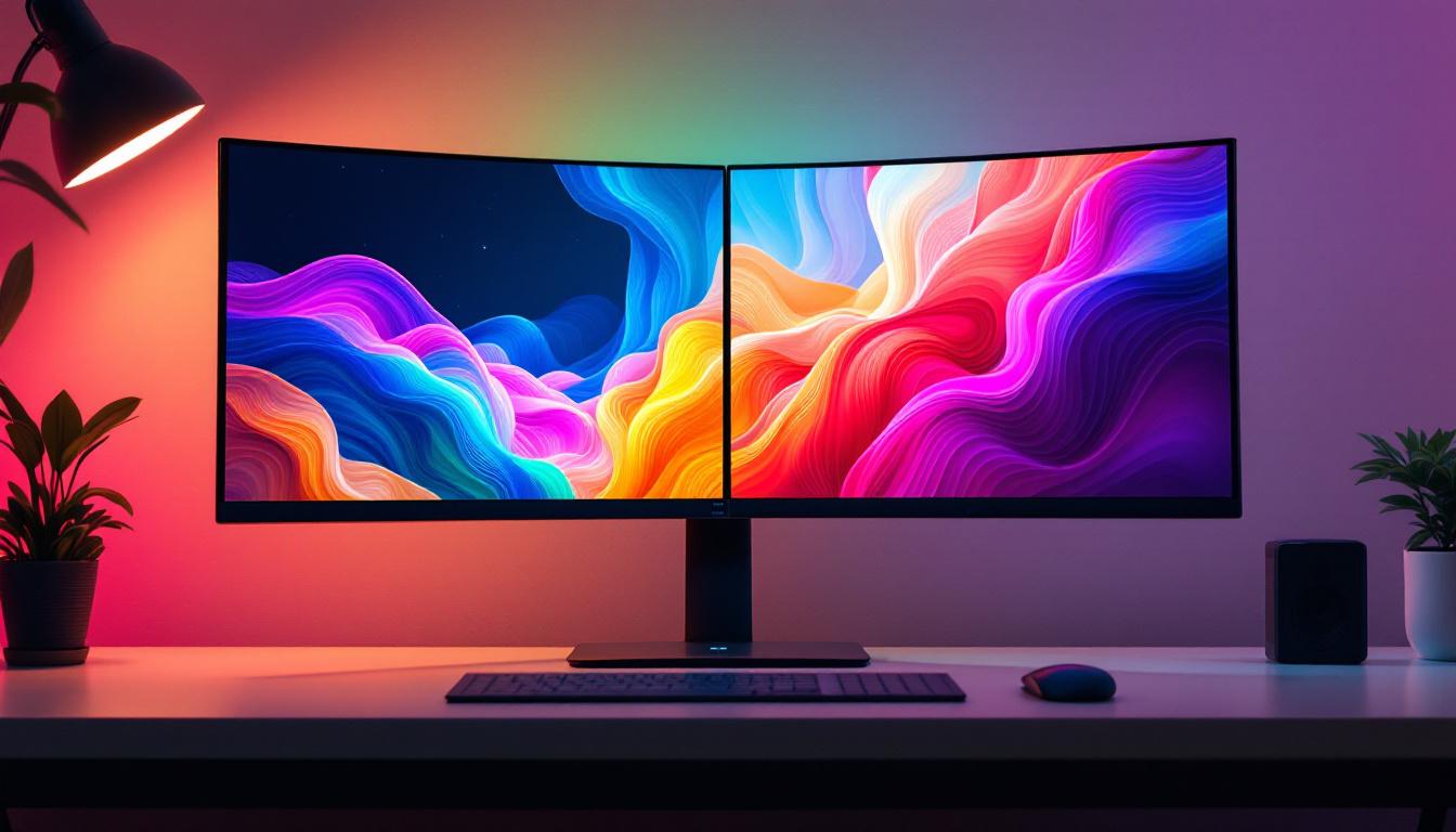 A photograph of a sleek dual-monitor setup displaying a vibrant and visually striking desktop wallpaper