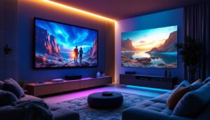 A photograph of a modern media room featuring an led projector in action