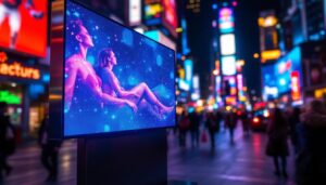 A photograph of a vibrant led display in a bustling urban environment