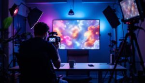 A photograph of a well-lit video setup featuring an led display in use