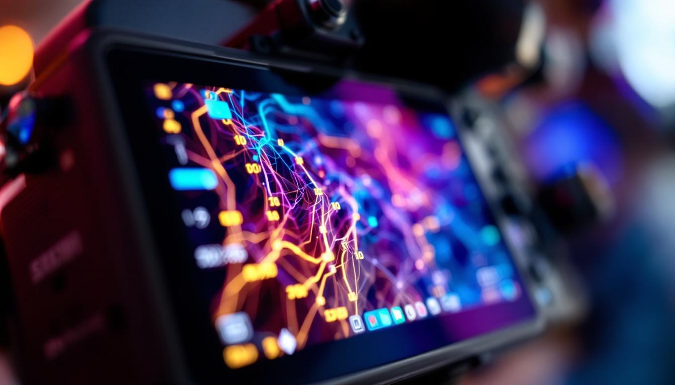 A photograph of a close-up shot of a camera's lcd display showing vibrant colors and intricate details