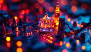 A photograph of a close-up view of a miniature model illuminated by vibrant micro leds