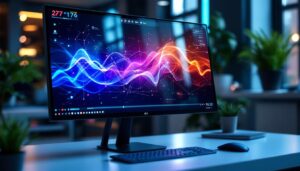 A photograph of a sleek 27-inch touch screen monitor displaying vibrant led graphics in a modern workspace setting