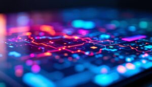 A photograph of a close-up shot of a vibrant lcd touch panel displaying a colorful led interface