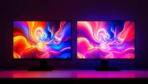 A photograph of a side-by-side comparison of a vibrant led display and a traditional lcd screen