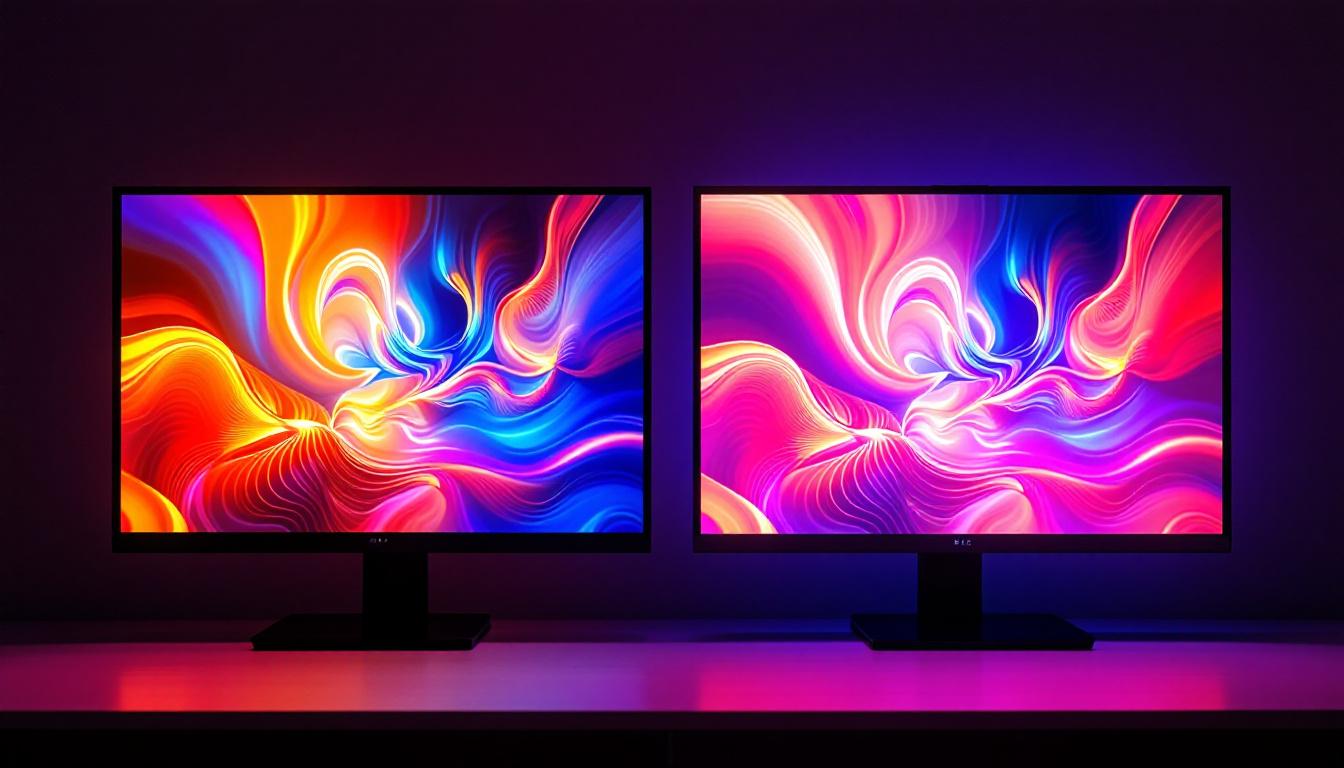 A photograph of a side-by-side comparison of a vibrant led display and a traditional lcd screen