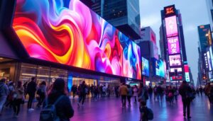 A photograph of a vibrant led display in a bustling urban environment