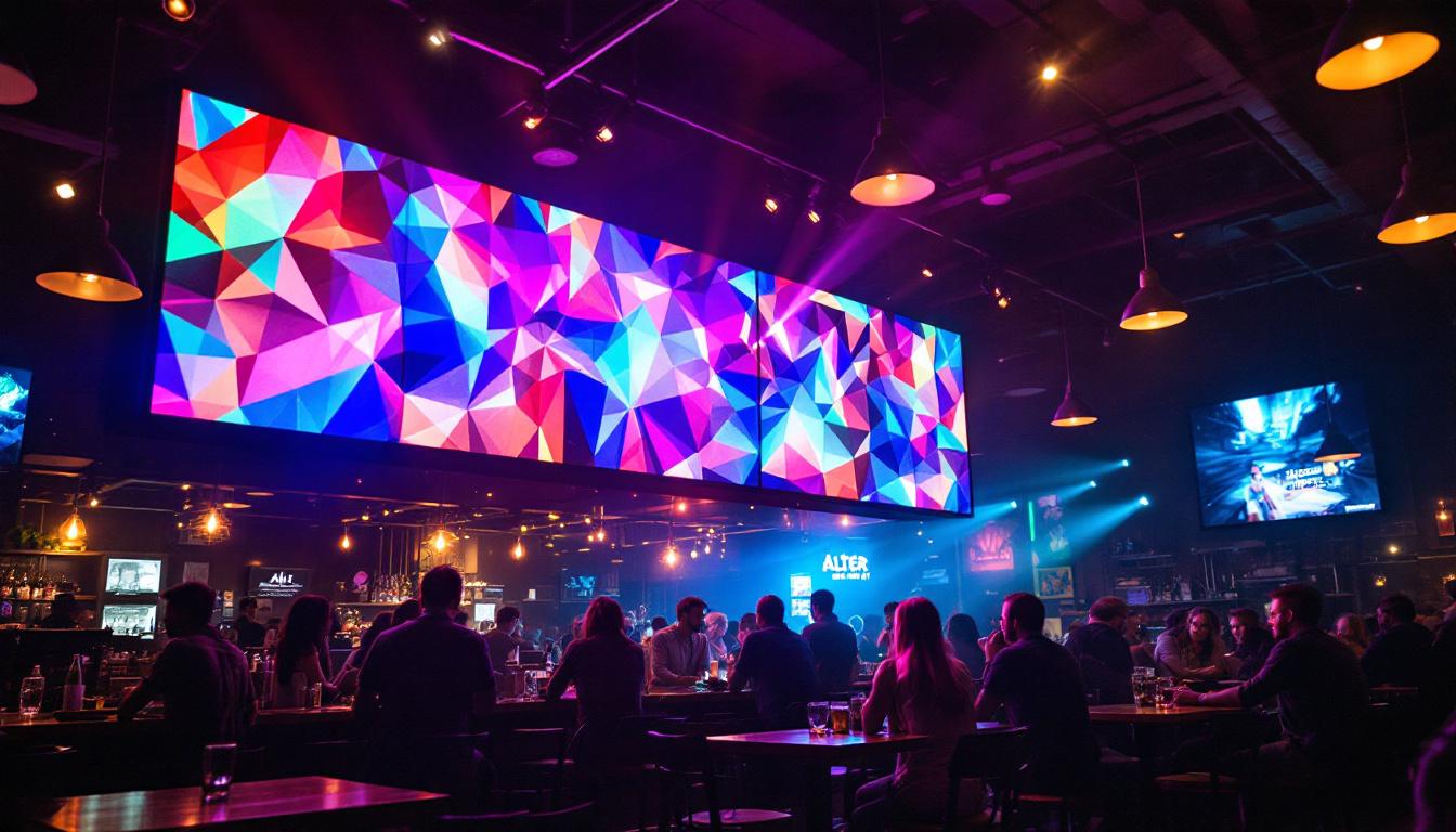 A photograph of the alter brewing company's vibrant led display in action