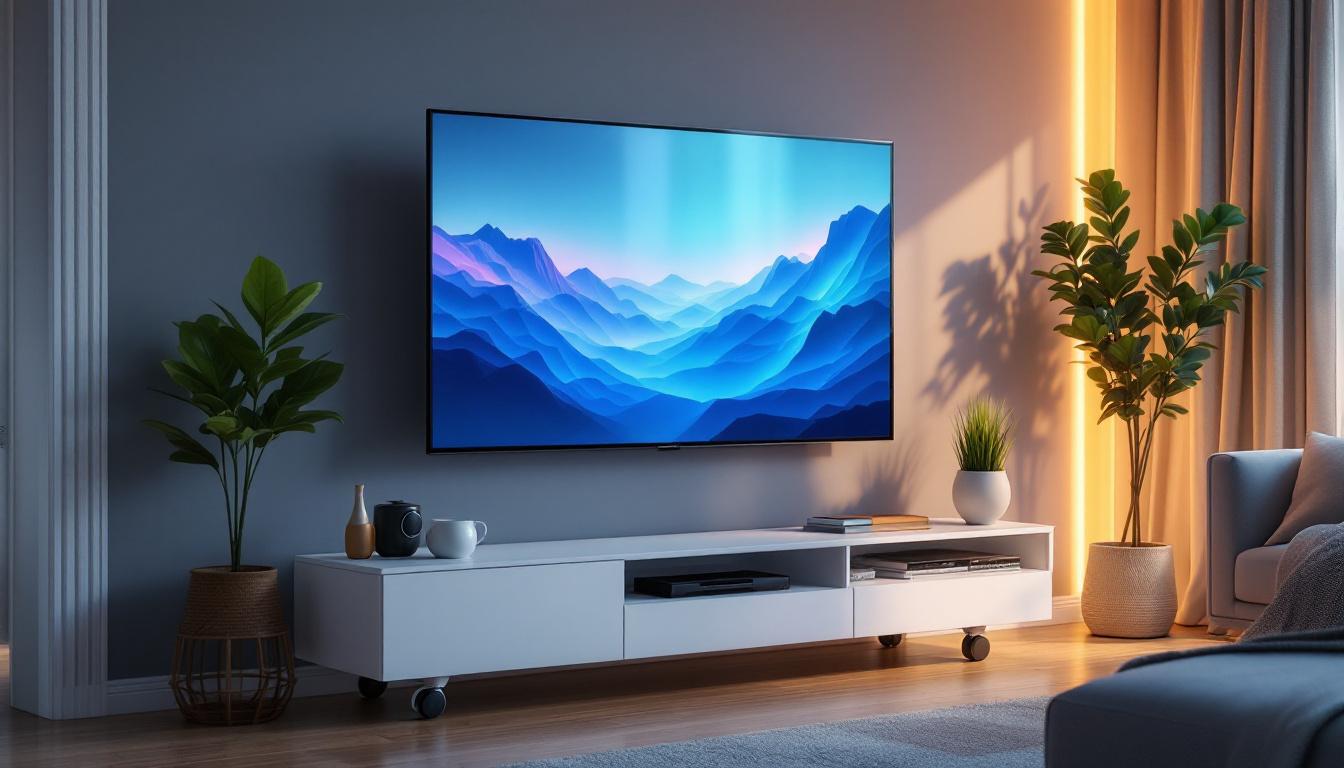 A photograph of a sleek flat panel tv stand on wheels with an led display