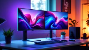 A photograph of a sleek dual monitor setup on a stylish desk