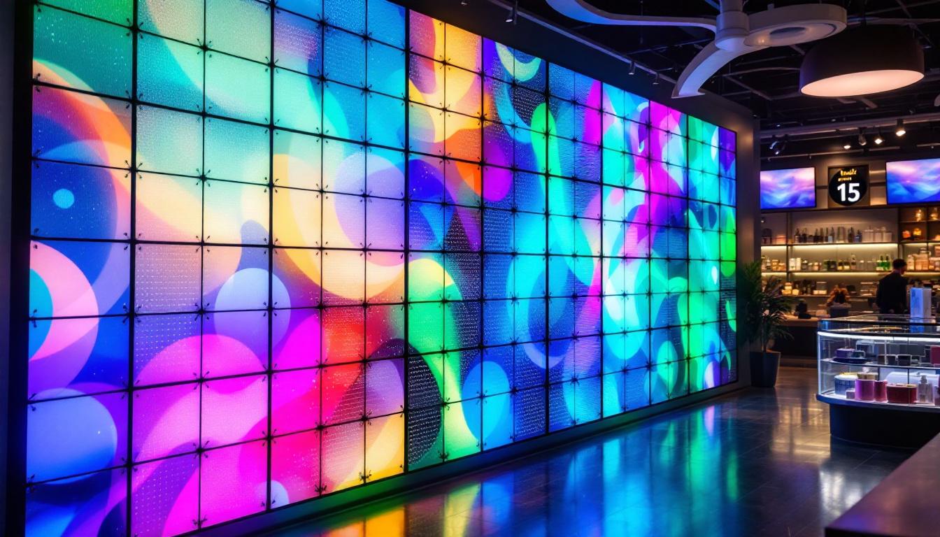 A photograph of a vibrant grid wall panel installation featuring led displays in a dynamic retail environment