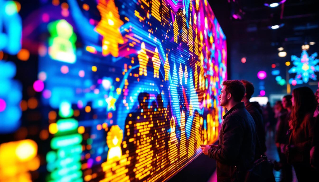 A photograph of a vibrant and dynamic led display showcasing awards and achievements