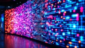 A photograph of a vibrant led display showcasing dynamic pixel wallpaper patterns in a modern setting