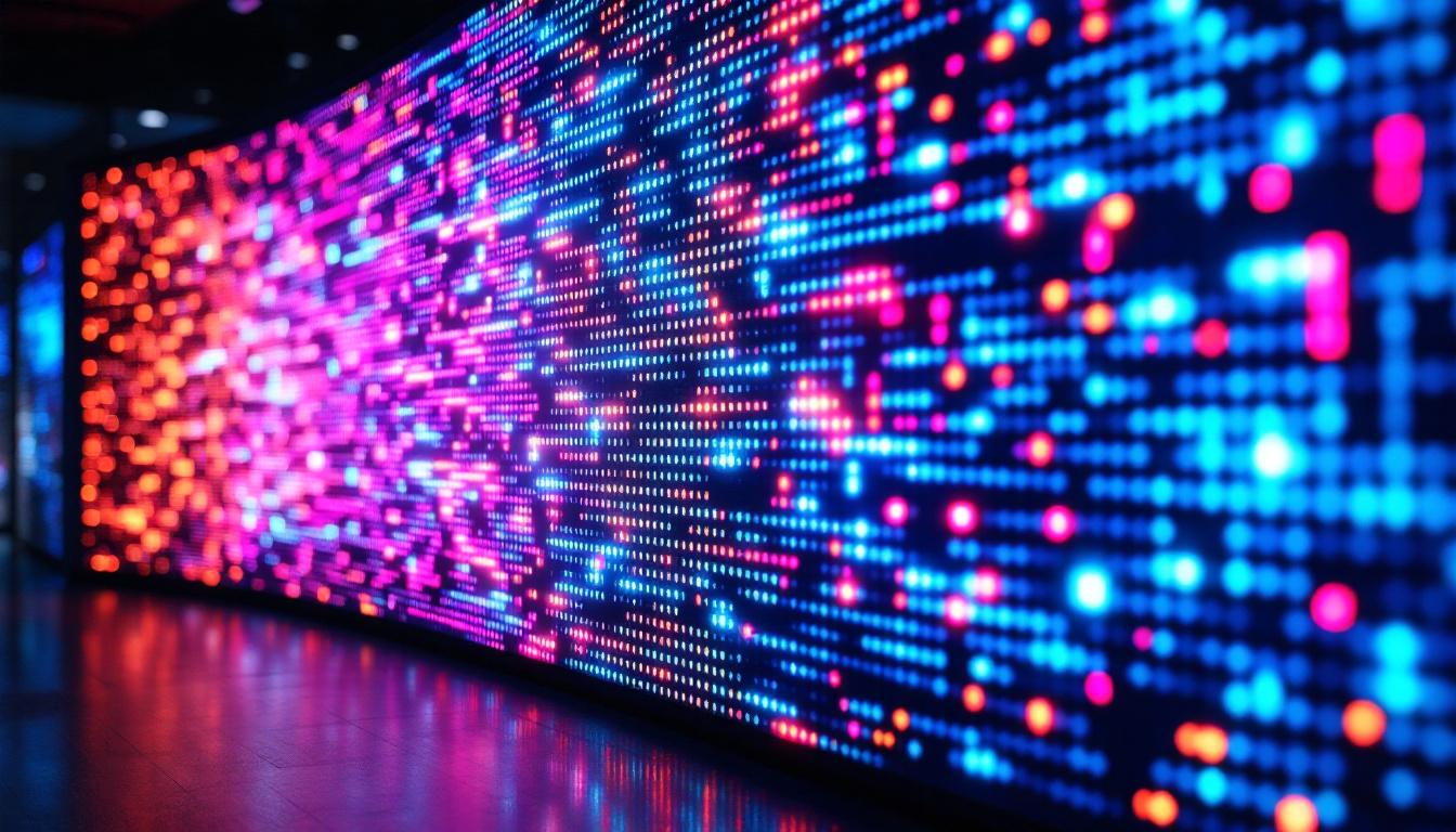 A photograph of a vibrant led display showcasing dynamic pixel wallpaper patterns in a modern setting