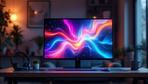 A photograph of a sleek 30-inch touch screen monitor displaying vibrant led graphics in an inviting workspace setting
