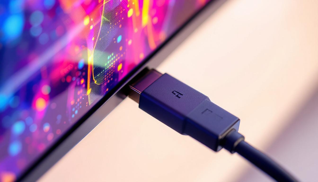 A photograph of a close-up of a displayport cable connected to an led display