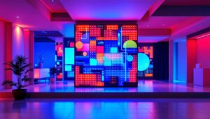 A photograph of a vibrant led display integrated into a revit-designed architectural model