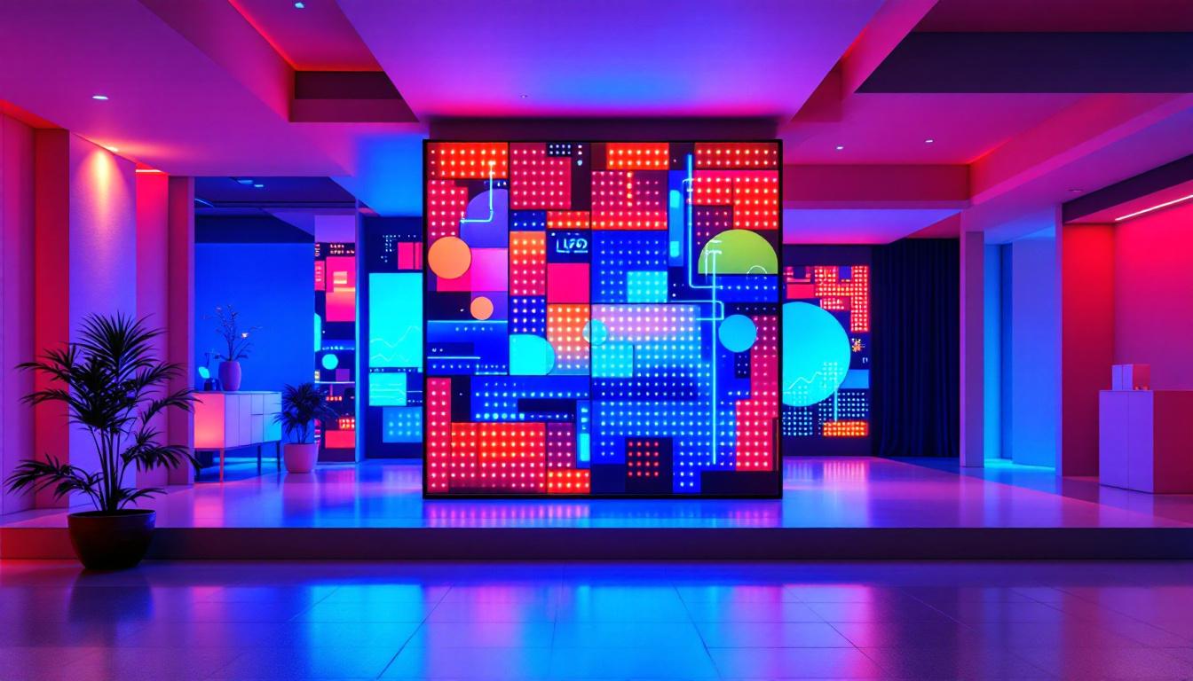 A photograph of a vibrant led display integrated into a revit-designed architectural model