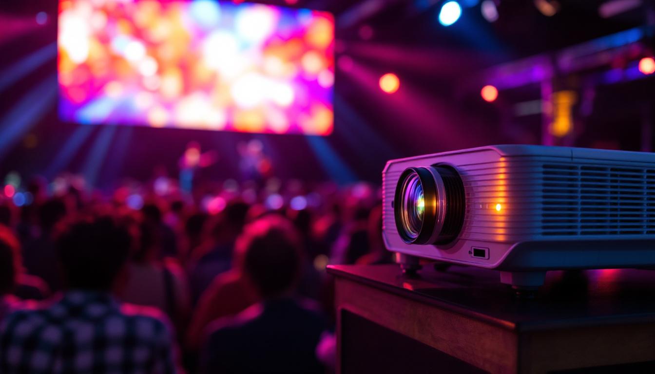 A photograph of a vibrant led projector in use at a lively event in austin