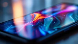 A photograph of a close-up view of a smartphone's lcd screen displaying vibrant colors and intricate details