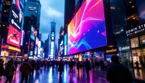 A photograph of a vibrant led display in a bustling urban environment