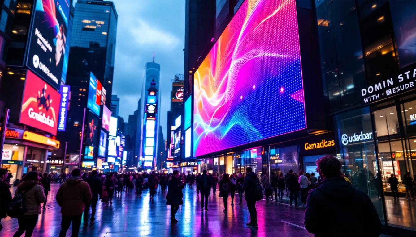 A photograph of a vibrant led display in a bustling urban environment