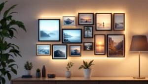 A photograph of a stylishly arranged multiple picture wall frame with an integrated led display