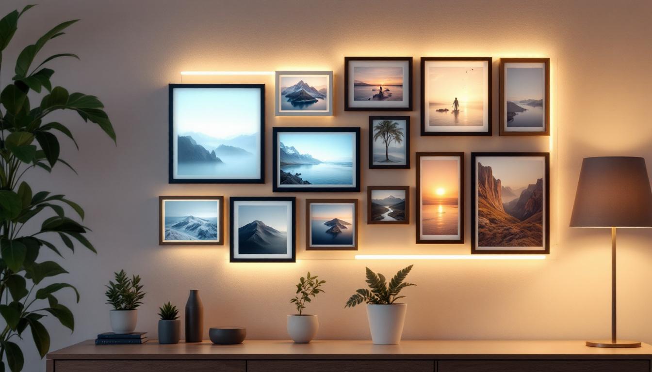 A photograph of a stylishly arranged multiple picture wall frame with an integrated led display