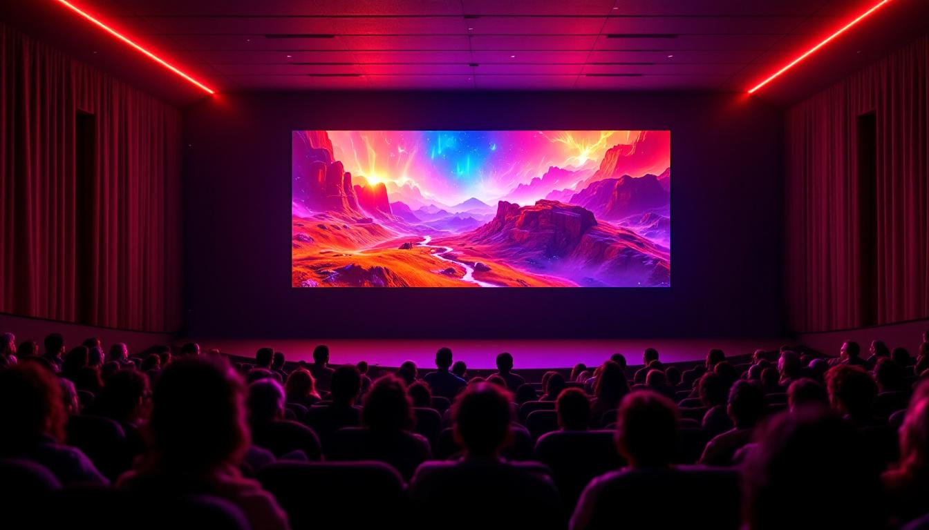 A photograph of a vibrant cinema setting featuring a large led display showcasing a dynamic film scene