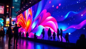 A photograph of a vibrant led display showcasing a clear conversion of 16 feet to meters